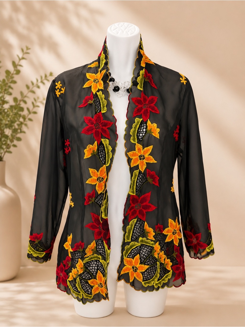 Embroidered Black Floral Sheer Jacket - Red & Yellow